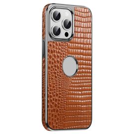Étui Magnétique en Cuir de Vache Véritable pour iPhone 15 Pro – Texture Crocodile, Finition Électroplaquée – Noir-Marron-iPhone 14