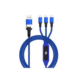 Un câble de charge bleu 5 en 1 avec un logo LED rectangulaire.