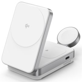 Un chargeur sans fil magnétique 3-en-1 Qi2 YF-M27 de 15W en aluminium de couleur blanche, compatible avec iPhone, Apple Watch et AirPods.