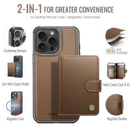 Coque iPhone 15 Pro JEEHOOD J09 – Étui en Cuir avec Porte-Cartes RFID et Compatibilité MagSafe – Marron