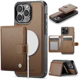 Étui iPhone 15 Pro JEEHOOD J09 en cuir marron, avec porte-cartes RFID et compatibilité MagSafe.