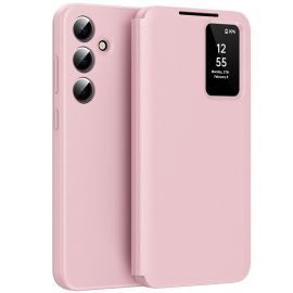Étui de protection rose en cuir pour Samsung Galaxy A56 5G, doté d'une fenêtre intelligente Smart View et d'un porte-carte intégré.