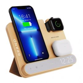 Support de charge 4 en 1 en bambou, servant d'organiseur pour smartphone, montre et écouteurs.
