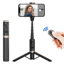 Support pour téléphone Q12 en noir avec trépied extensible en alliage d'aluminium et perche à selfie équipée d'un déclencheur Bluetooth.